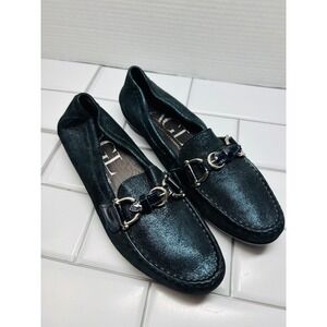 AGL Loafers Womens 37.5 Teal Metallic Leather Excellent Horsebit Italian Flats